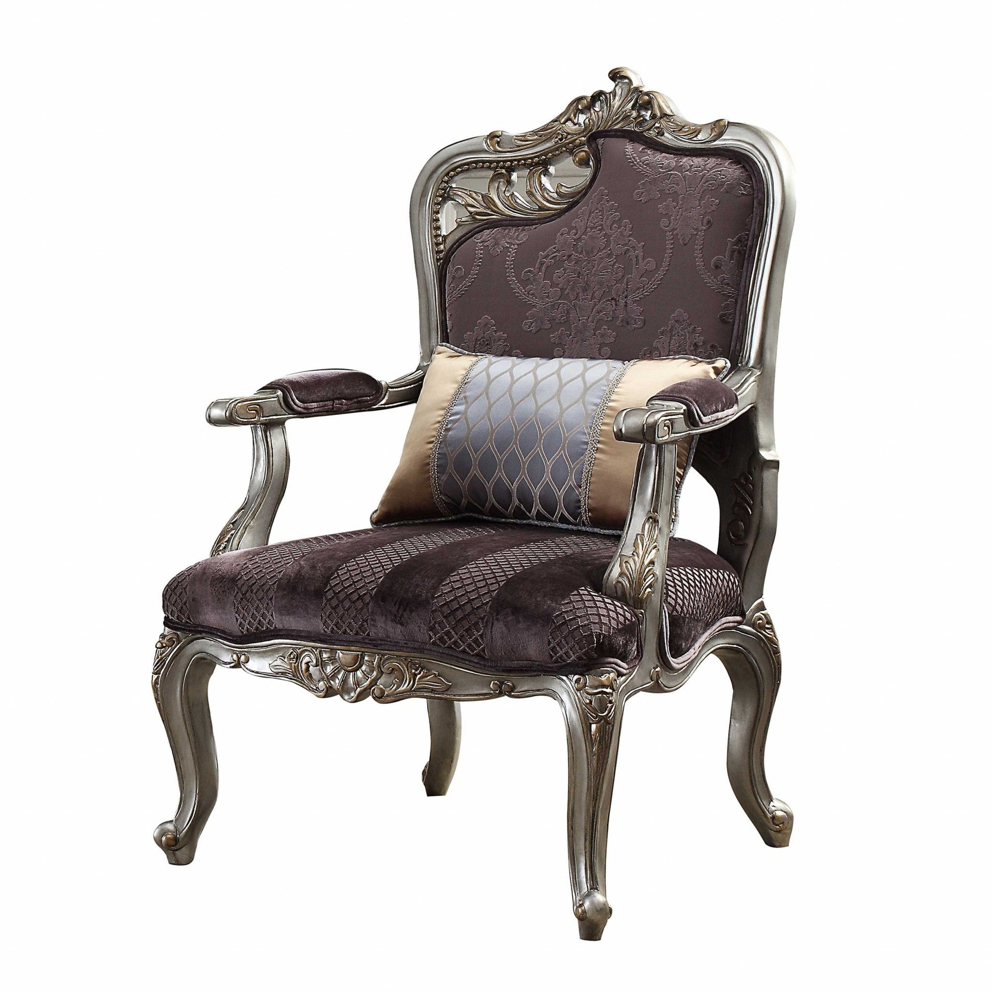 HomeRoots 29" x 27" x 43" Antique Platinum Chair With 1 Pillow in Velvet Finish