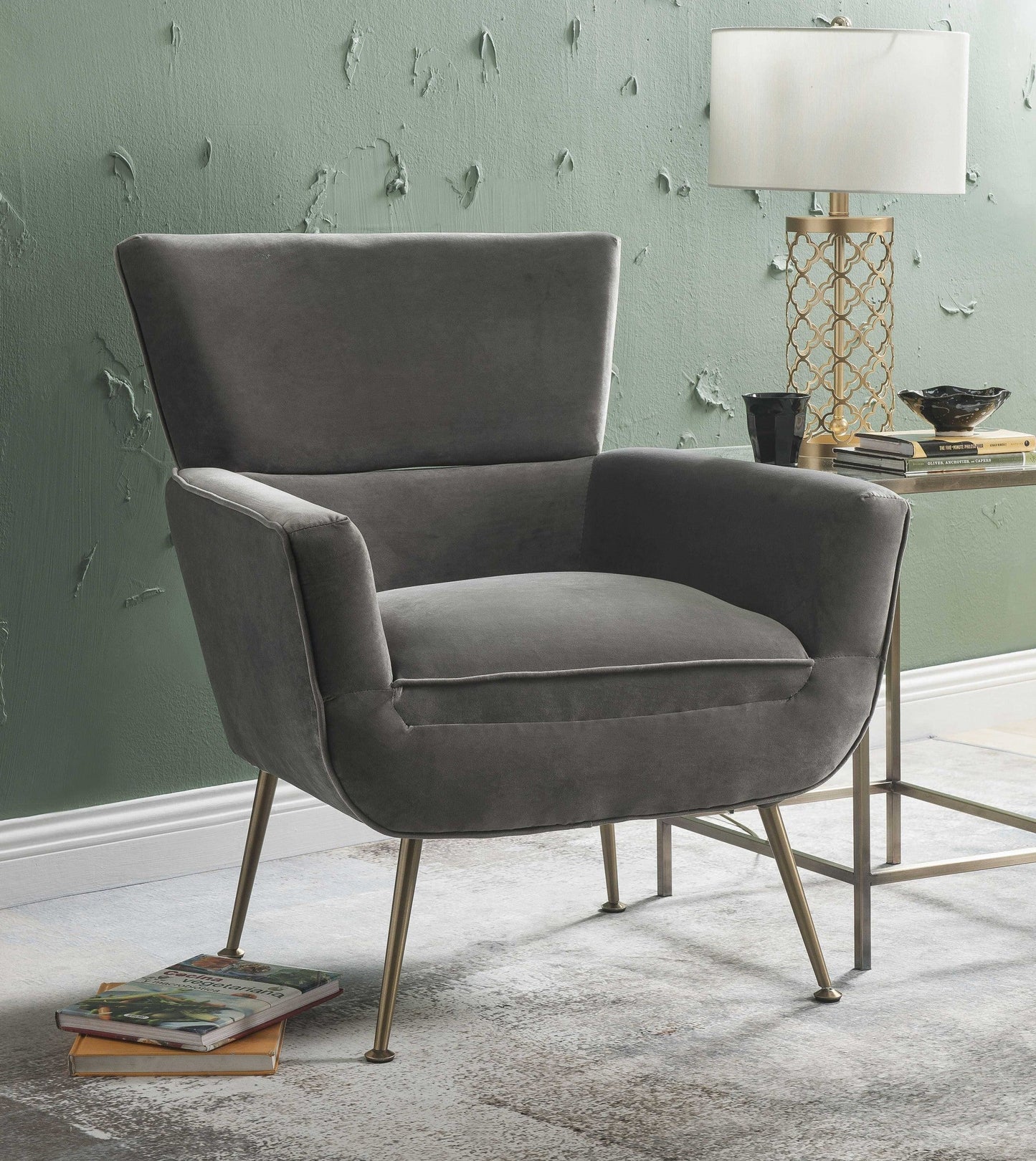 HomeRoots 29" x 32" x 36" Velvet Upholstery Accent Chair With Metal Leg in Gray Finish