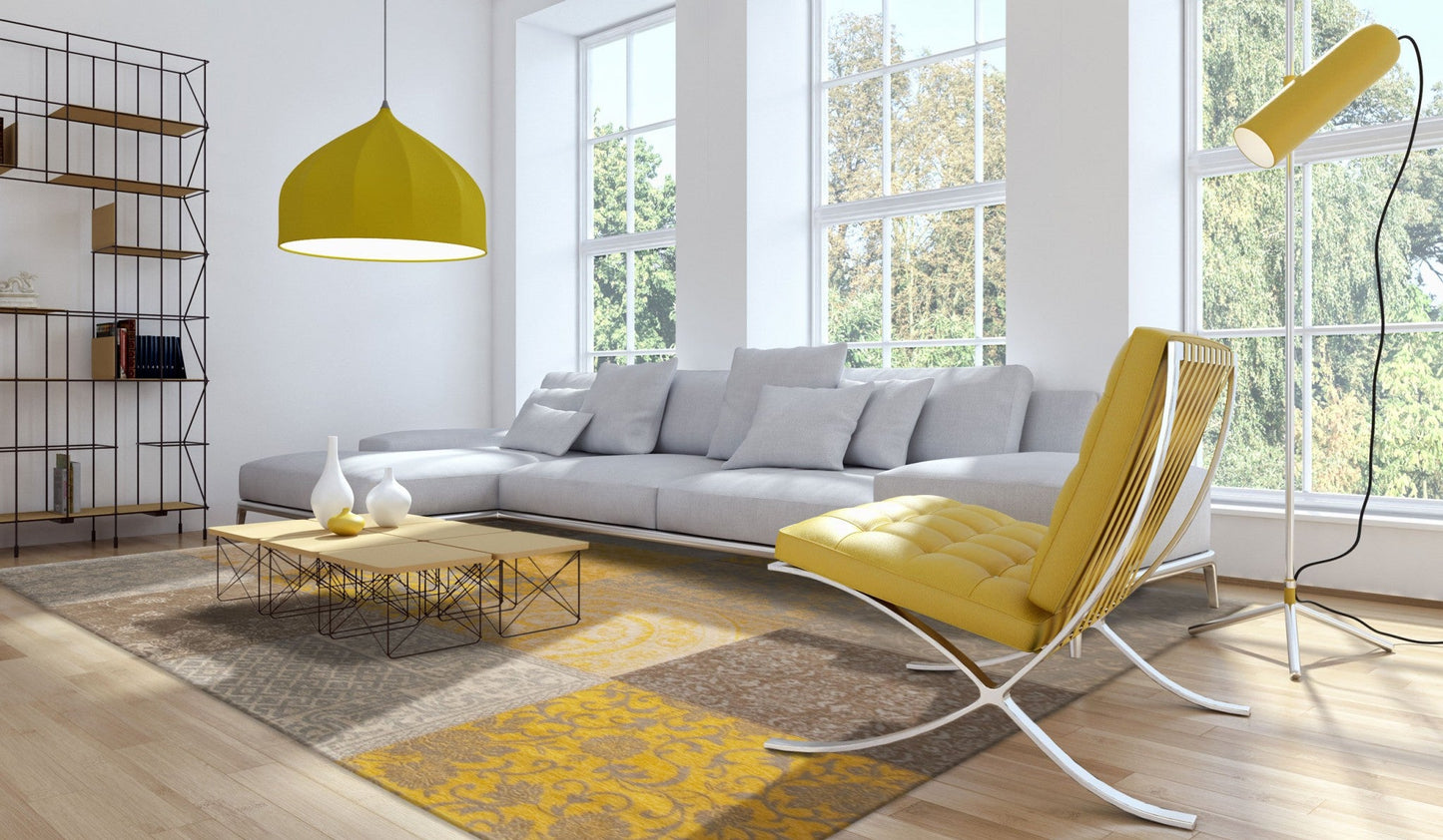 HomeRoots 2.5' x 5' Yellow and Gray Patchwork Design Area Rug