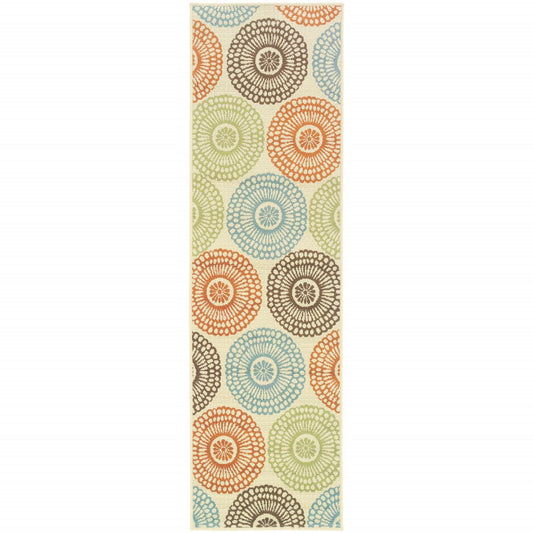 HomeRoots 2’x8’ Beige and Blue Medallion Indoor Outdoor Runner Rug