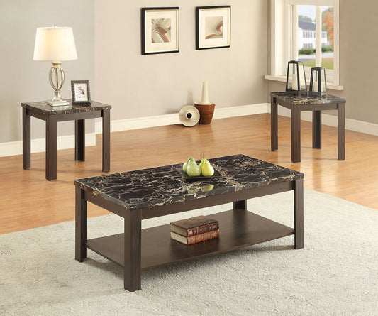 HomeRoots 3-Piece Coffee/End Table Set With Faux Marble and Walnut Finish