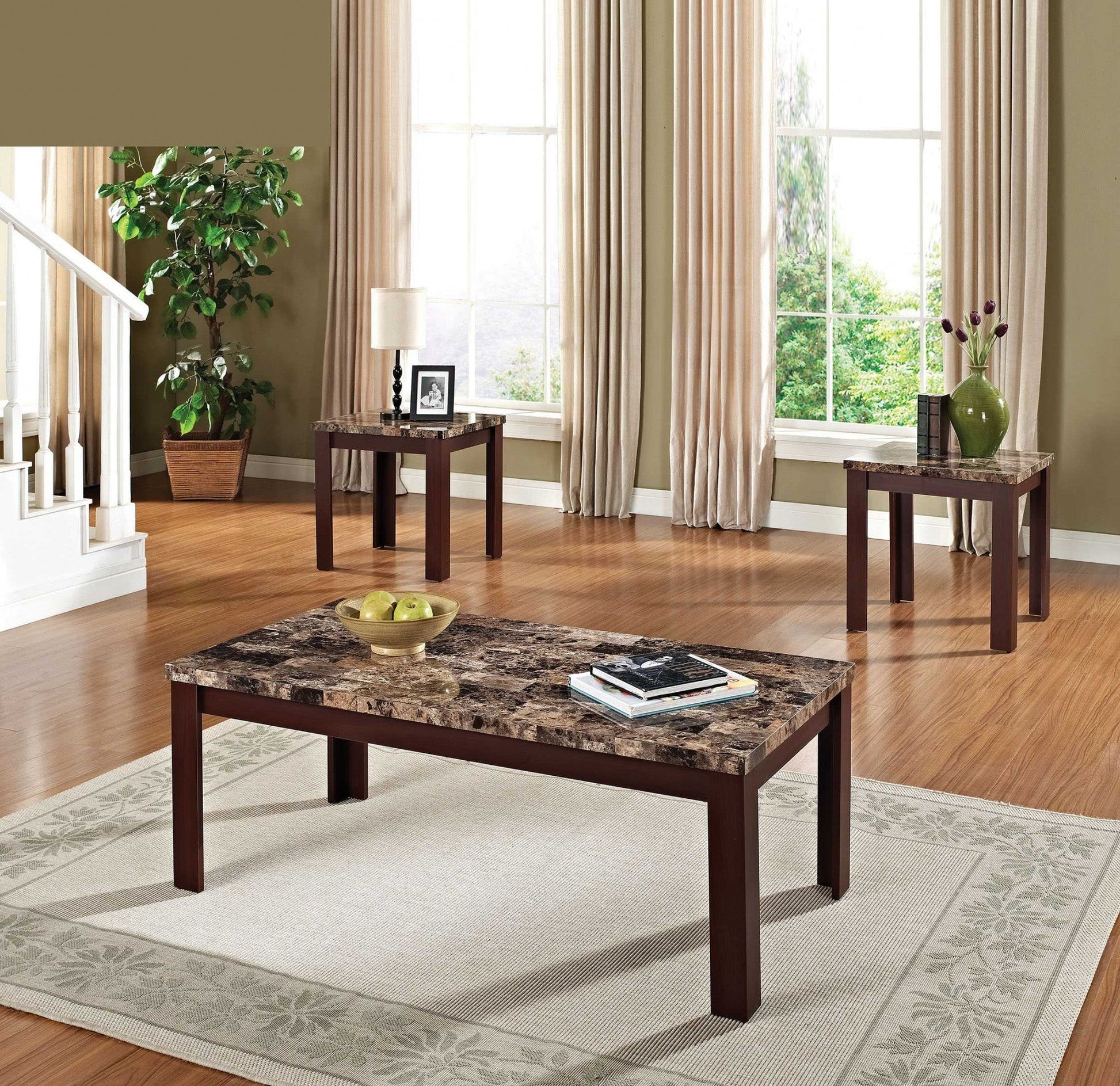 HomeRoots 3-Piece Coffee/End Table Set With Light Brown Faux Marble and Cherry Finish