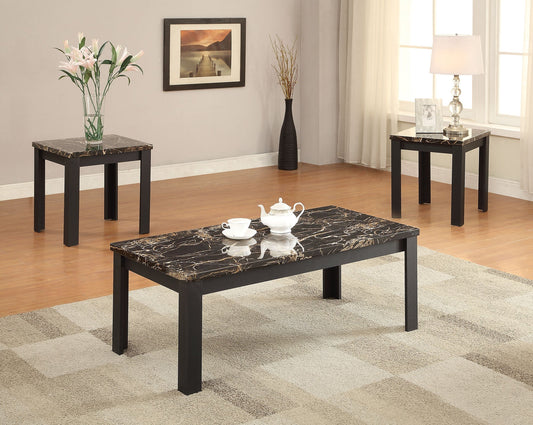 HomeRoots 3-Piece Pack Coffee/End Table Set With Faux Marble & Black Finish