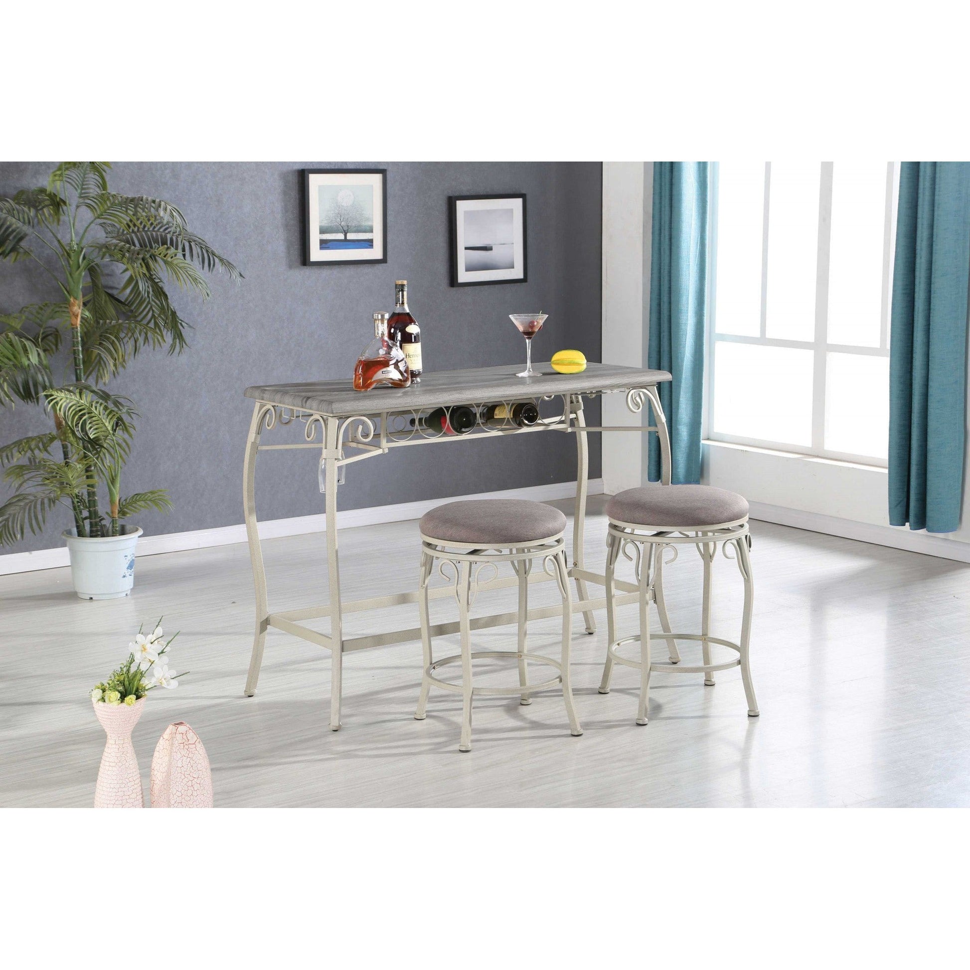HomeRoots 3 Piece Wooden Counter Height Set in Gray Oak and Fabric Finish