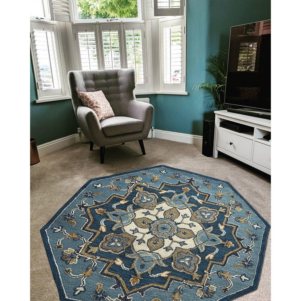 HomeRoots 3' Round Blue Traditional Medallion Area Rug