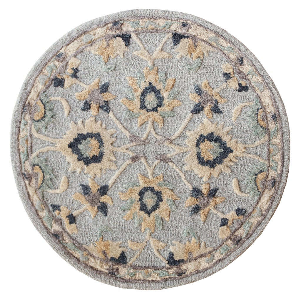 HomeRoots 3' Round Blue and Beige Floral Area Rug