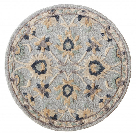 HomeRoots 3' Round Blue and Beige Floral Area Rug