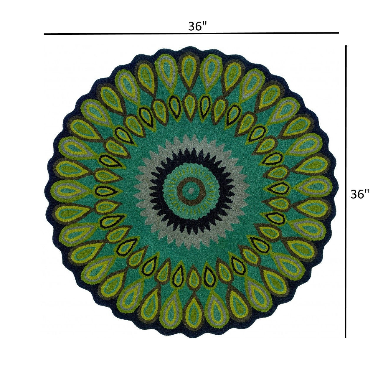 HomeRoots 3' Round Green Peacock Feather Area Rug