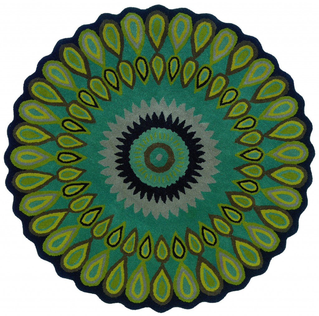 HomeRoots 3' Round Green Peacock Feather Area Rug