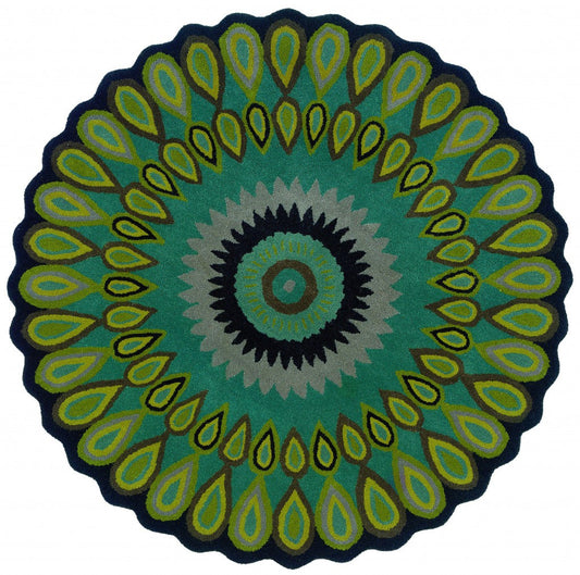 HomeRoots 3' Round Green Peacock Feather Area Rug