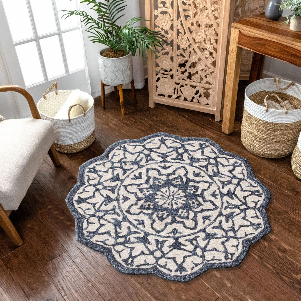 HomeRoots 3' Round Navy and White Decorative Area Rug