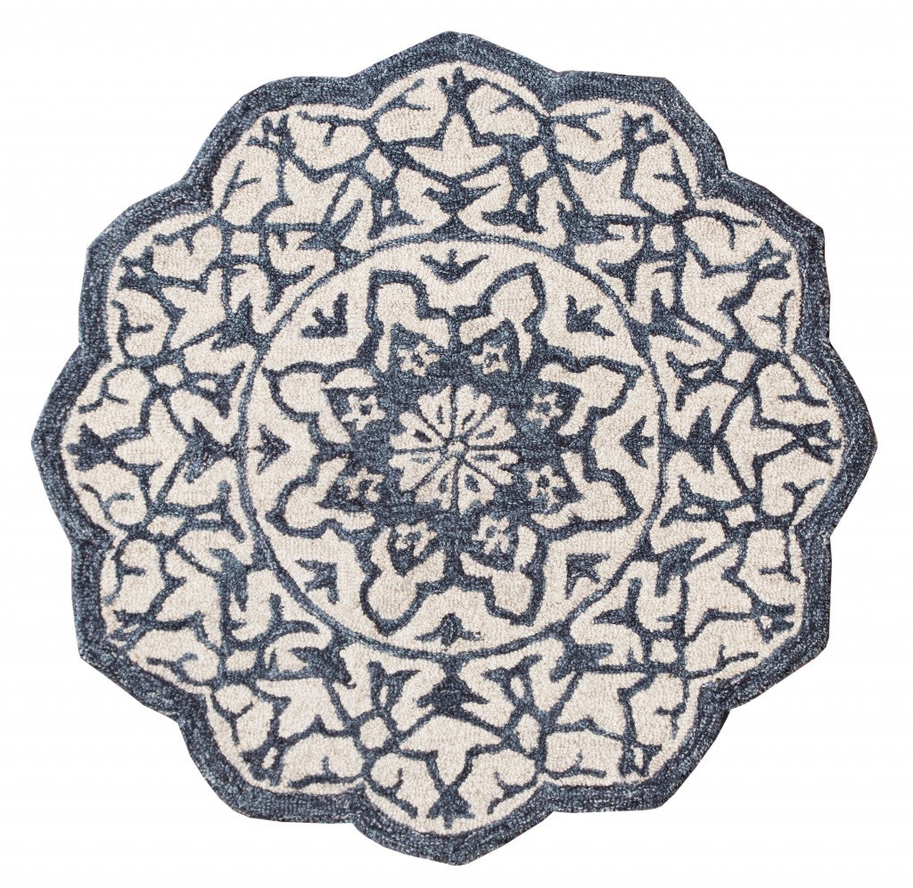 HomeRoots 3' Round Navy and White Decorative Area Rug