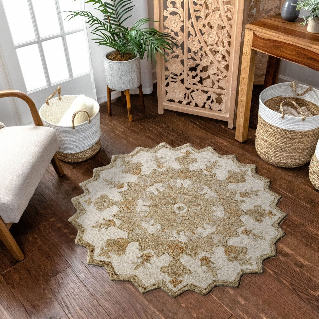 HomeRoots 3' Round Tan Retro Modern Medallion Area Rug