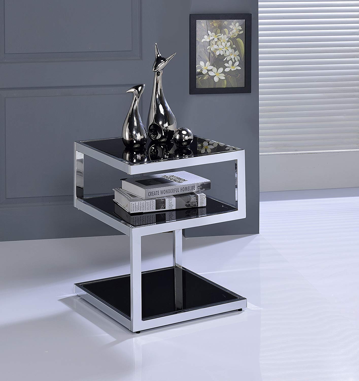 HomeRoots 3 Tier Shelves End Table With Black Glass And Chrome