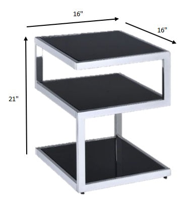 HomeRoots 3 Tier Shelves End Table With Black Glass And Chrome
