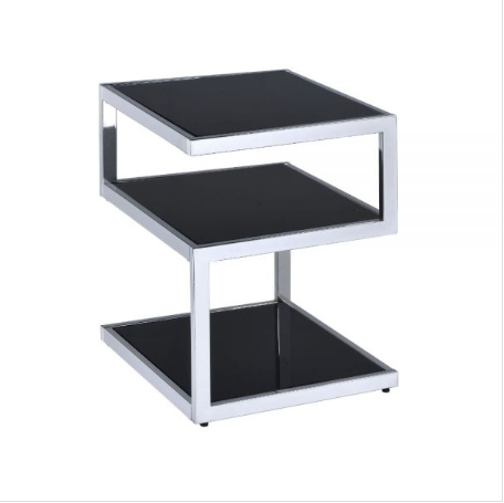 HomeRoots 3 Tier Shelves End Table With Black Glass And Chrome