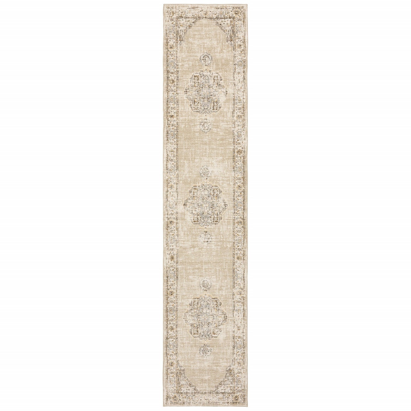 HomeRoots 3 x 12' Beige and Ivory Center Jewel Runner Rug