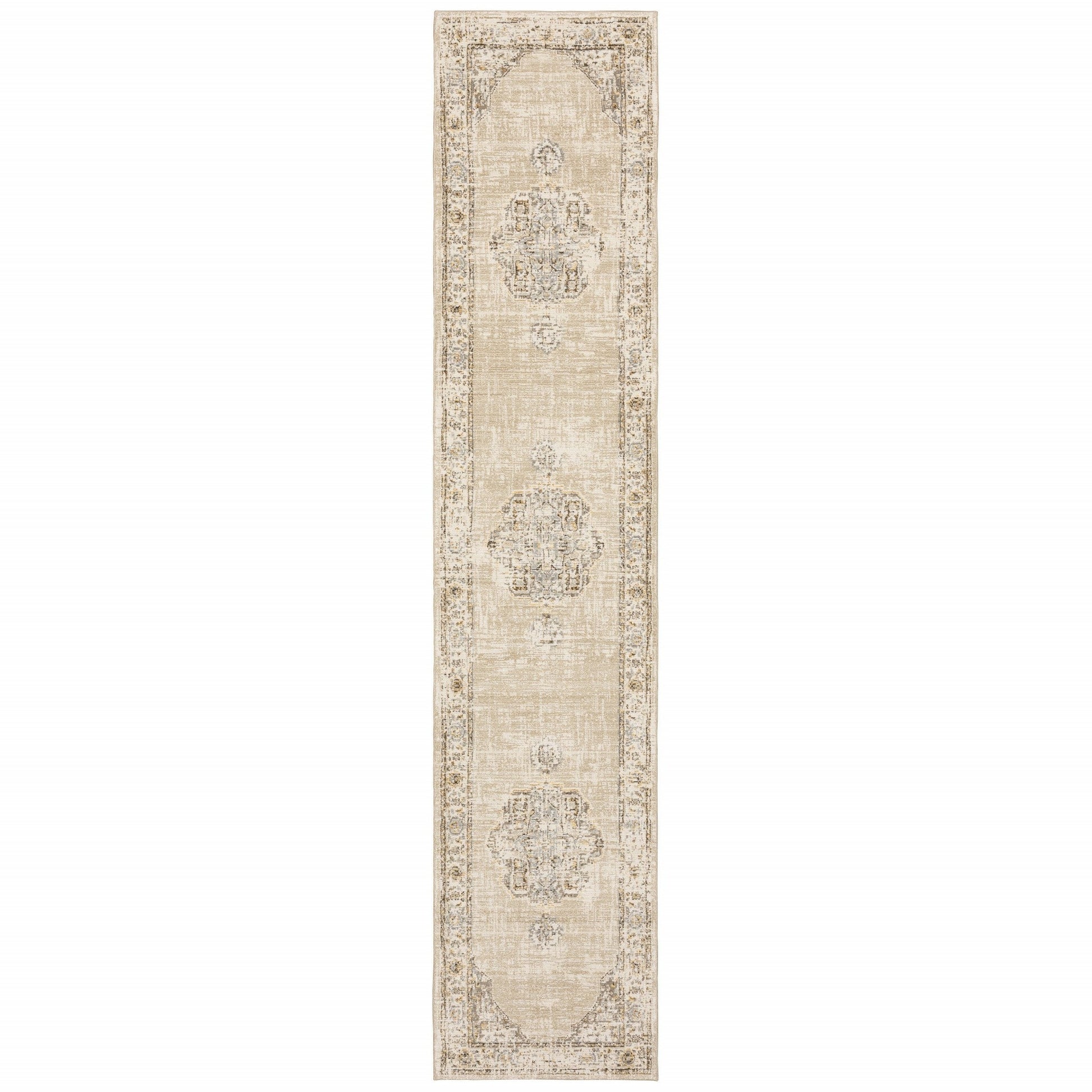 HomeRoots 3 x 12' Beige and Ivory Center Jewel Runner Rug