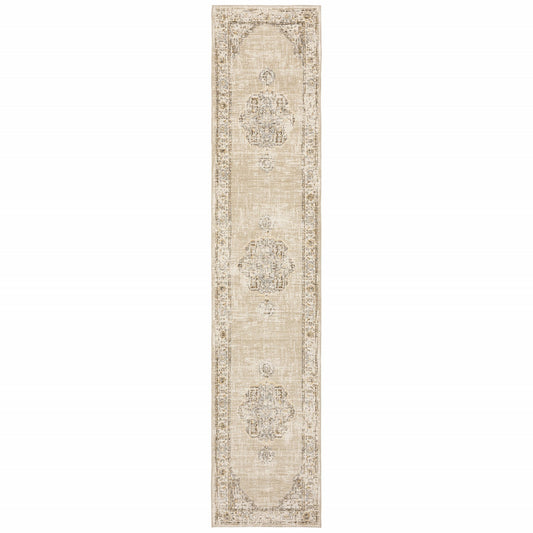 HomeRoots 3 x 12' Beige and Ivory Center Jewel Runner Rug