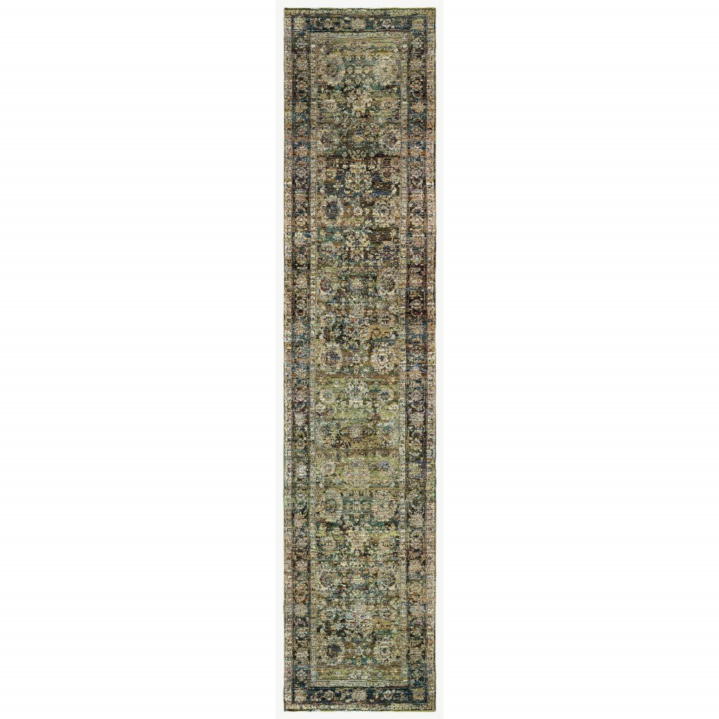 HomeRoots 3' x 12' Green and Brown Floral Runner Rug