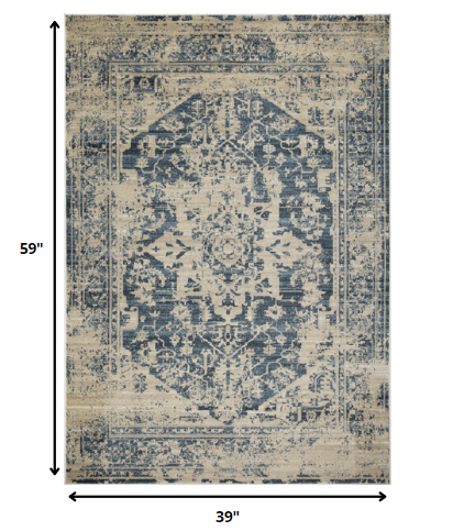 HomeRoots 3' x 5' Beige Blue Distressed Medallion Area Rug