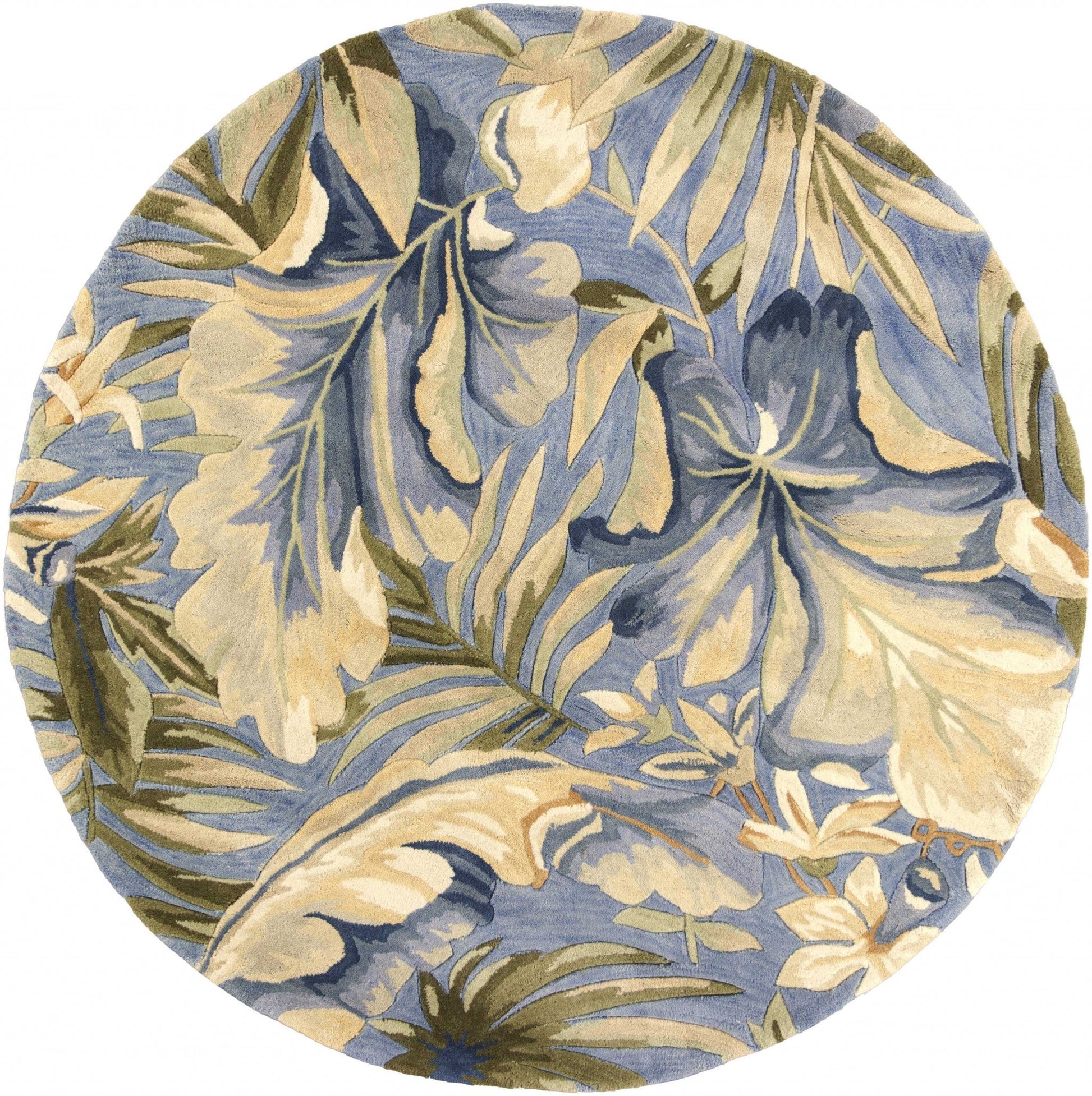 HomeRoots 3' x 5' Blue Tropical Leaves Wool Indoor Area Rug