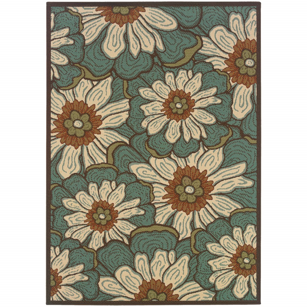 HomeRoots 3' x 5' Blue and Brown Floral Indoor Outdoor Area Rug