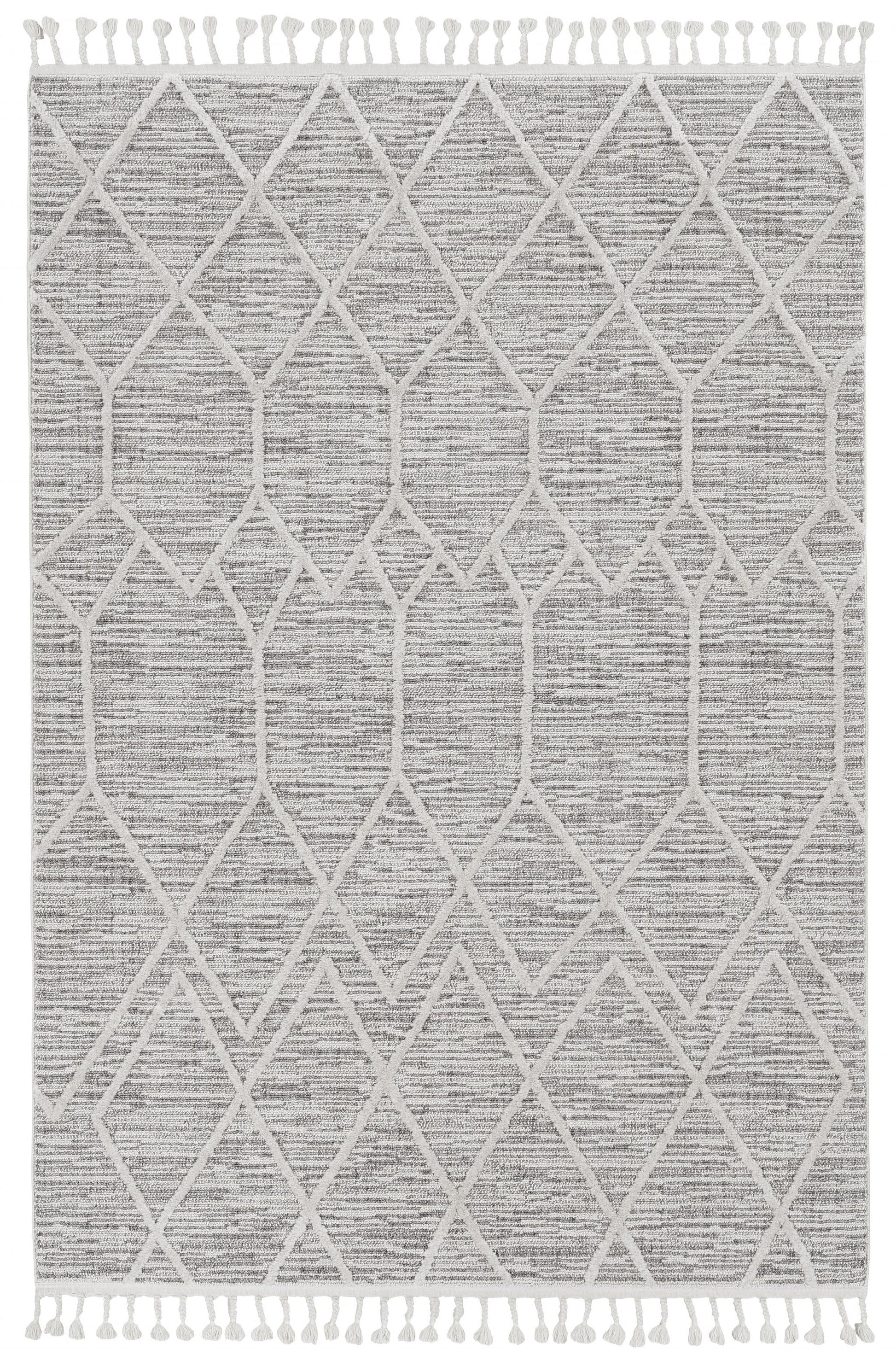 HomeRoots 3' x 5' Ivory Grey Diamonds Area Rug with Fringe