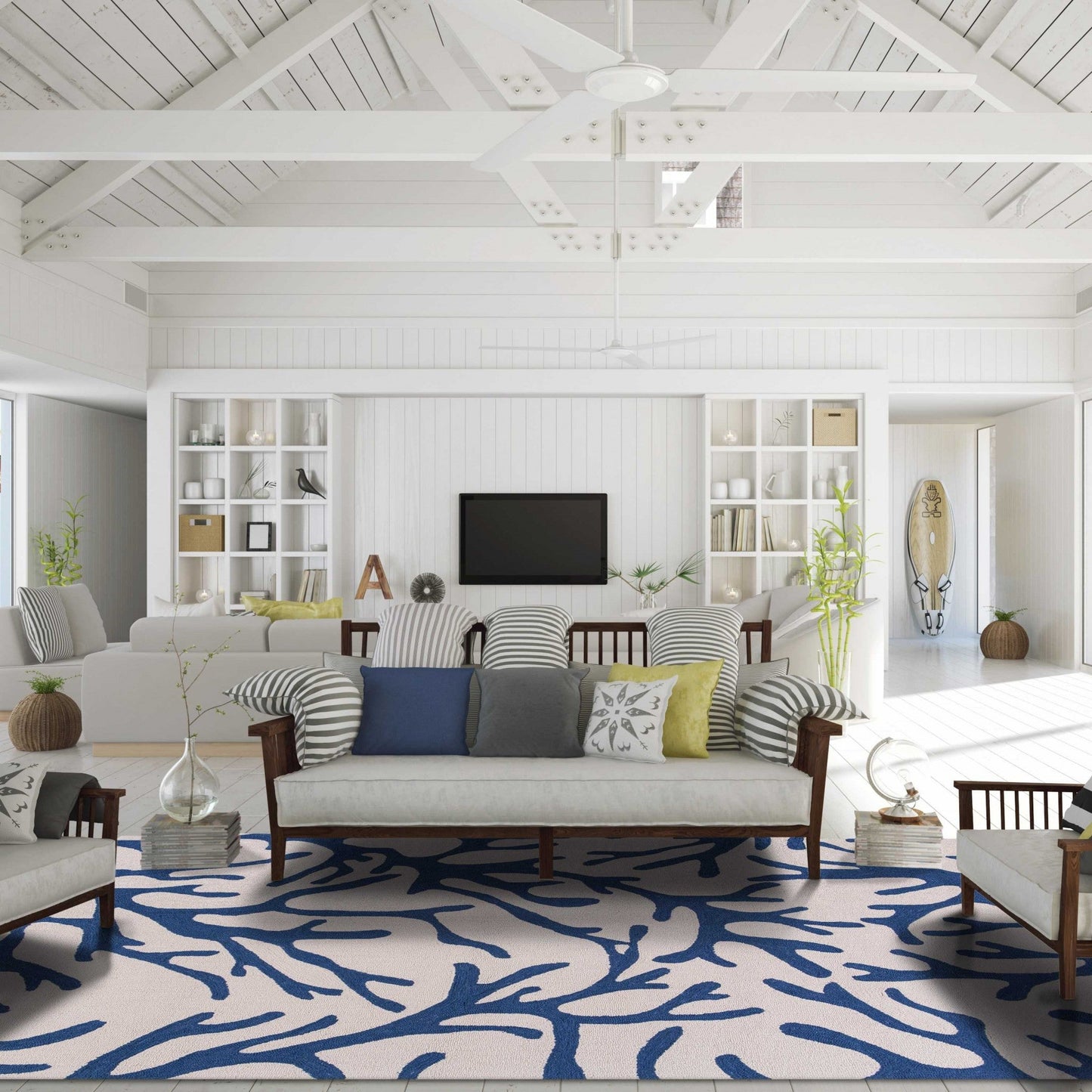 HomeRoots 3' x 5' Ivory or Blue Coral Area Rug