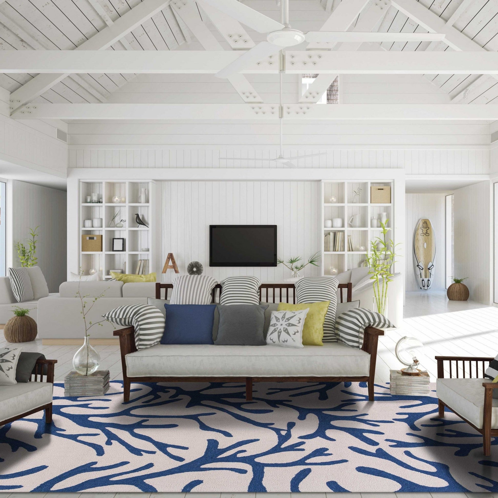 HomeRoots 3' x 5' Ivory or Blue Coral Area Rug