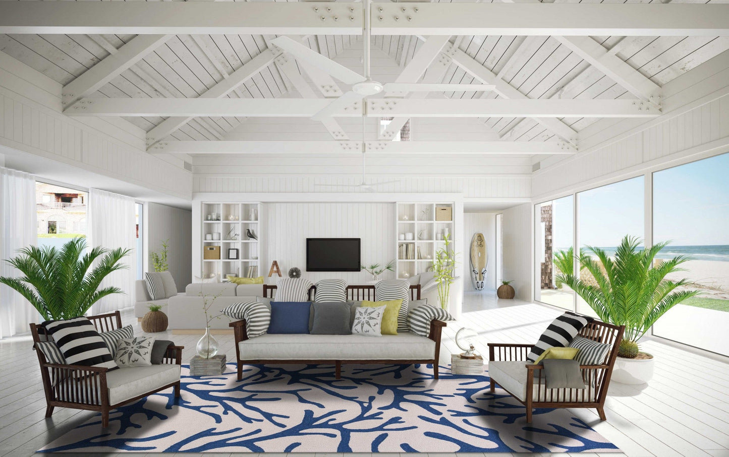 HomeRoots 3' x 5' Ivory or Blue Coral Area Rug
