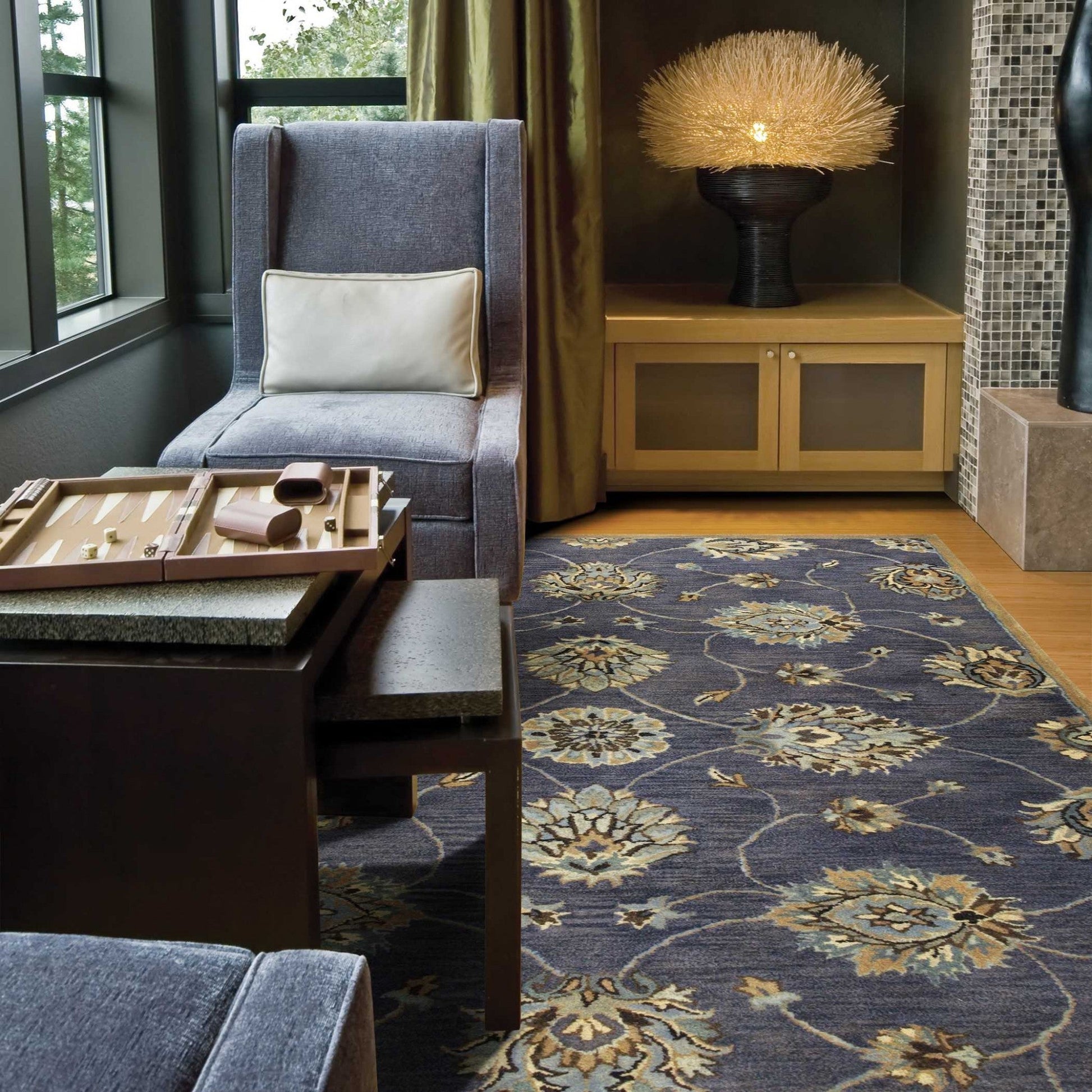 HomeRoots 3' x 5' Midnight Floral Vines Wool Area Rug