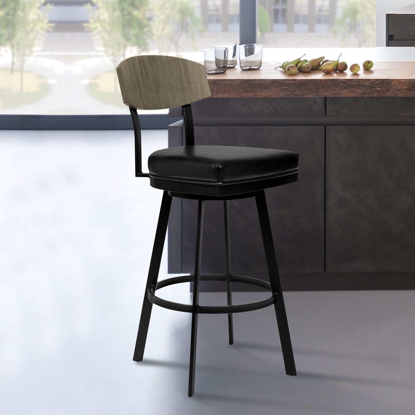 HomeRoots 30" Black Faux Leather Black Metal and Gray Walnut Open Back Swivel Bar Stool