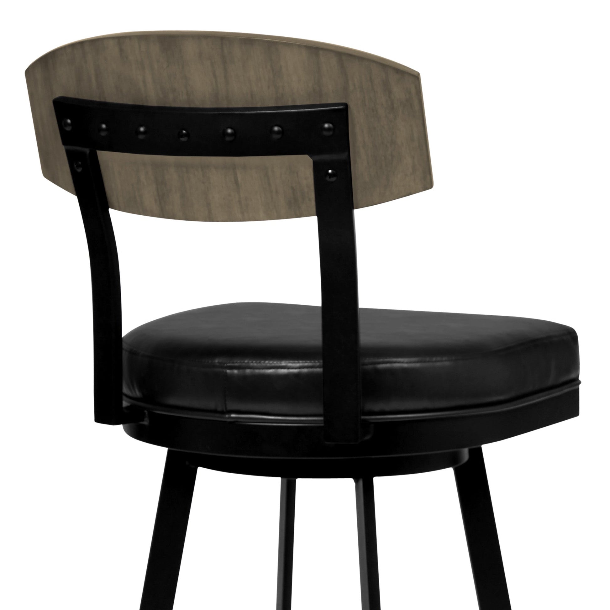 HomeRoots 30" Black Faux Leather Black Metal and Gray Walnut Open Back Swivel Bar Stool