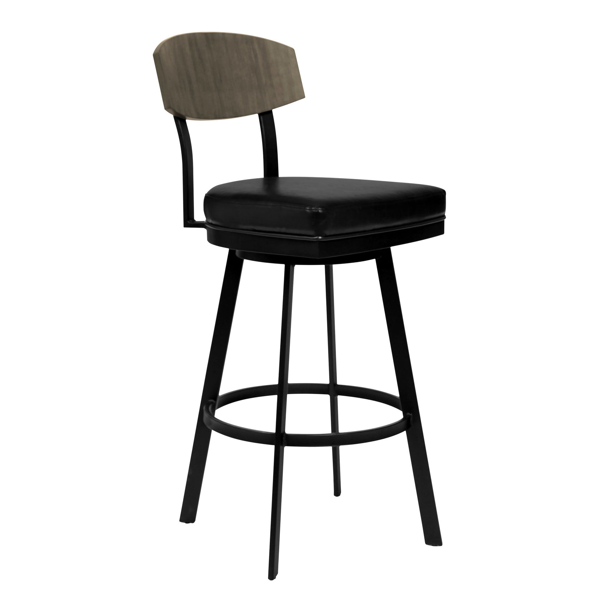 HomeRoots 30" Black Faux Leather Black Metal and Gray Walnut Open Back Swivel Bar Stool