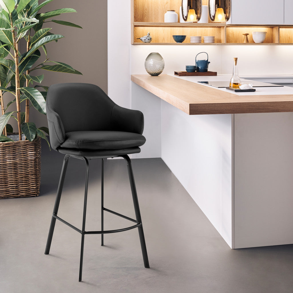 HomeRoots 30" Black Faux Leather and Black Metal Swivel Bar Stool