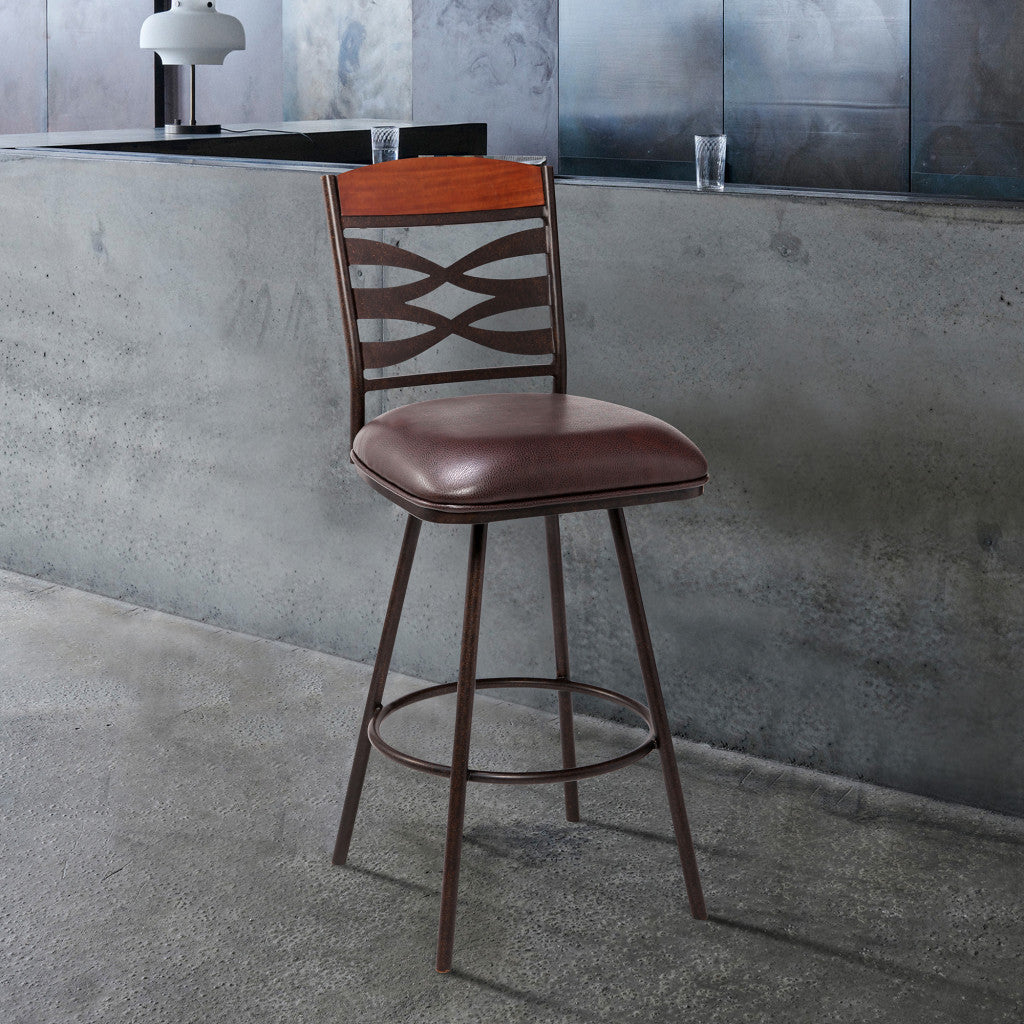 HomeRoots 30" Brown Faux Leather Speckled Metal and Maple Wood Bar Stool