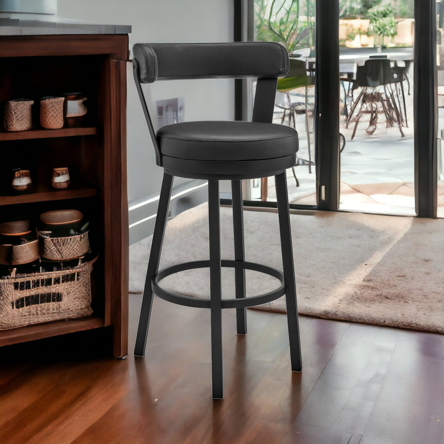 HomeRoots 30" Chic Black Faux Leather with Black Finish Swivel Bar Stool