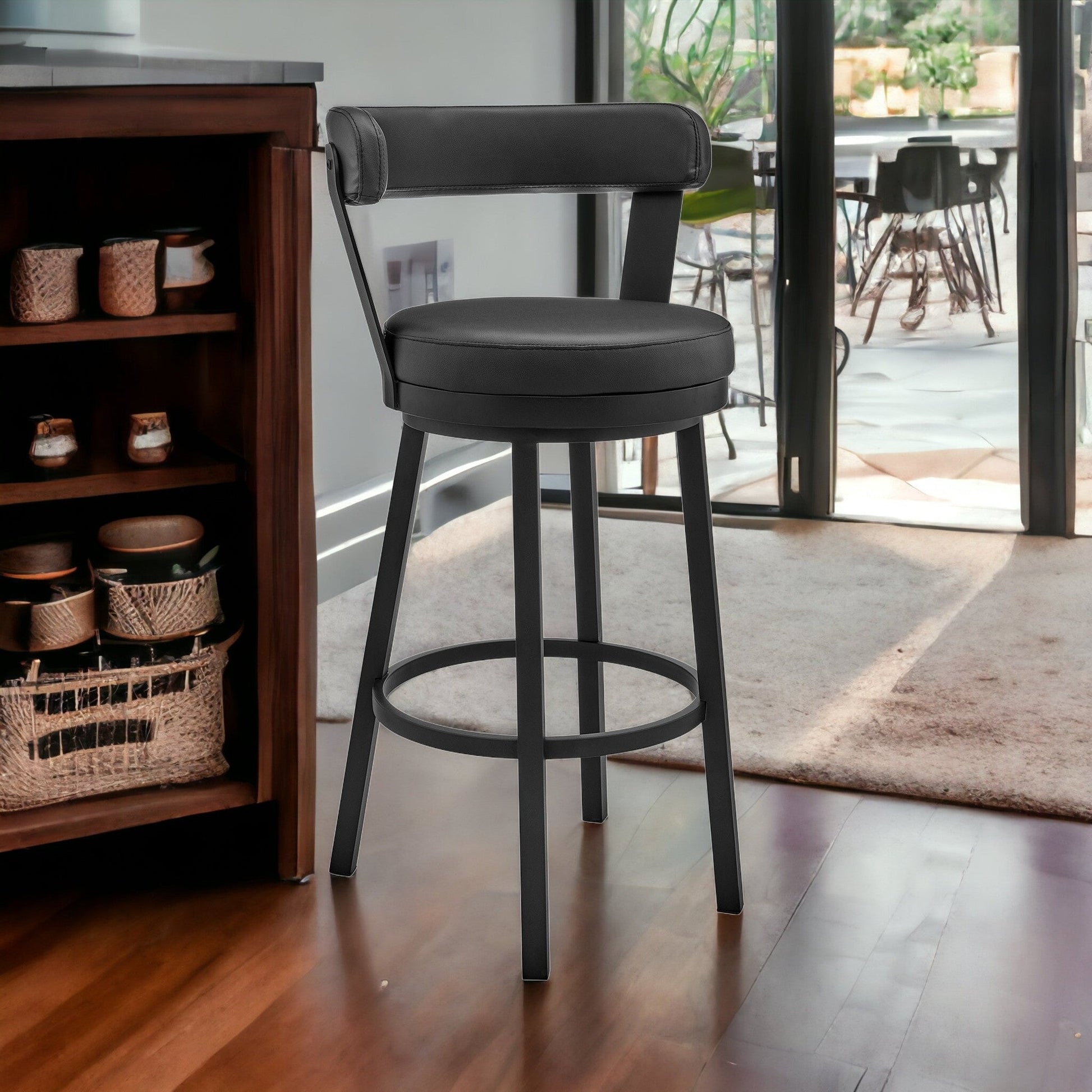 HomeRoots 30" Chic Black Faux Leather with Black Finish Swivel Bar Stool