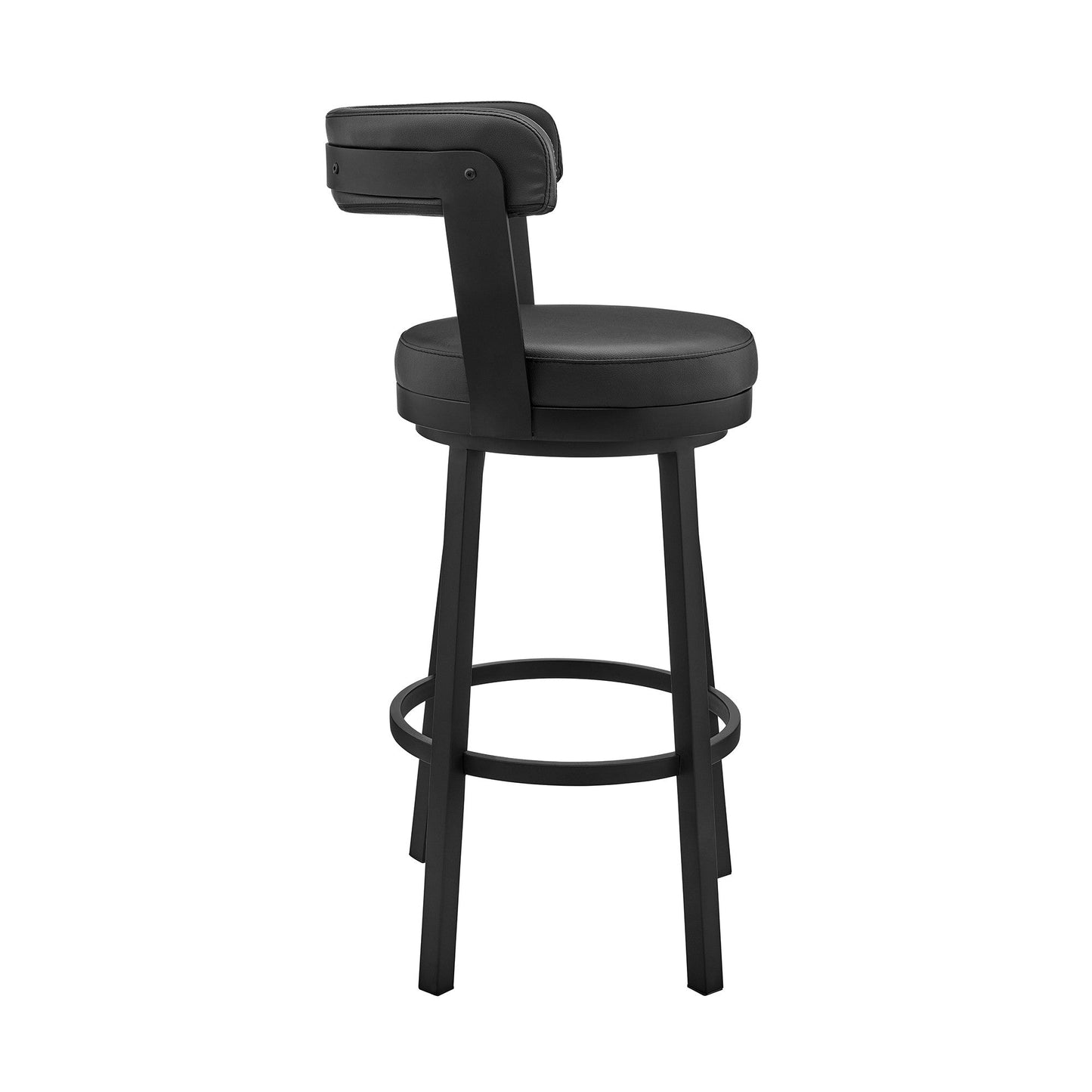 HomeRoots 30" Chic Black Faux Leather with Black Finish Swivel Bar Stool
