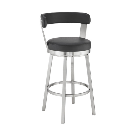 HomeRoots 30" Chic Black Faux Leather with Stainless Steel Finish Swivel Bar Stool