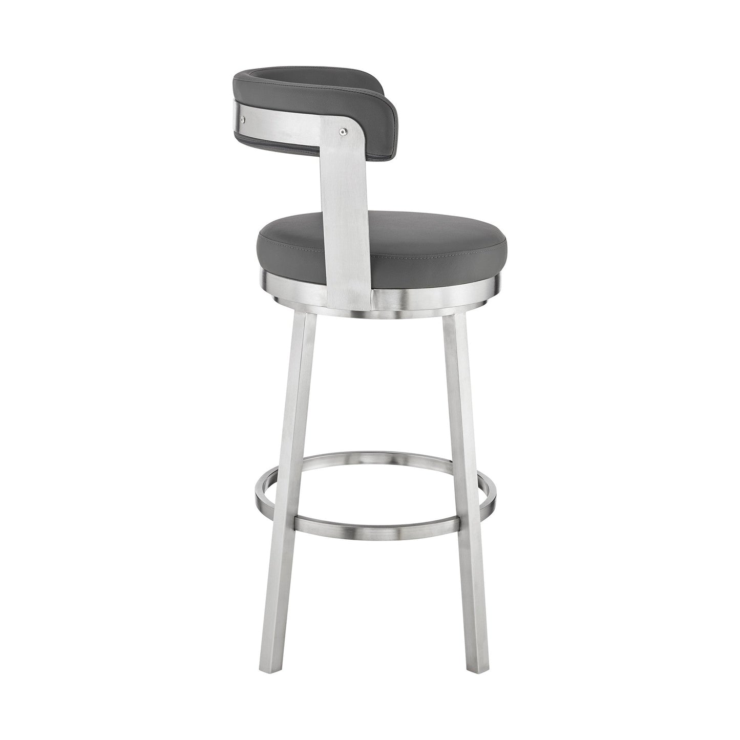 HomeRoots 30" Chic Grey Faux Leather with Stainless Steel Finish Swivel Bar Stool