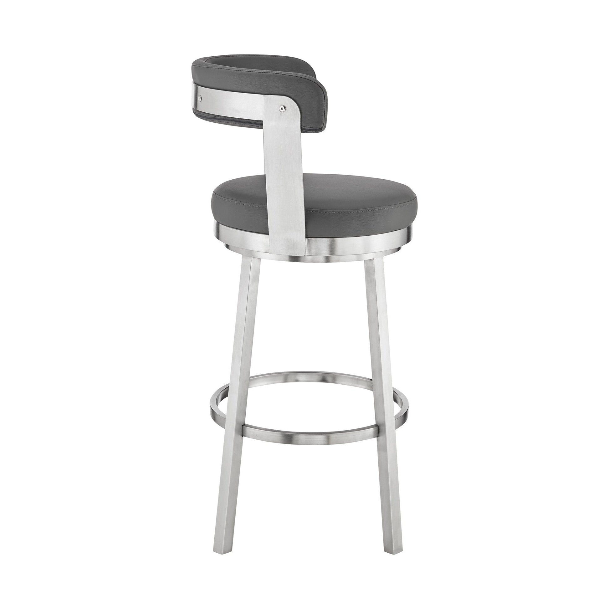 HomeRoots 30" Chic Grey Faux Leather with Stainless Steel Finish Swivel Bar Stool