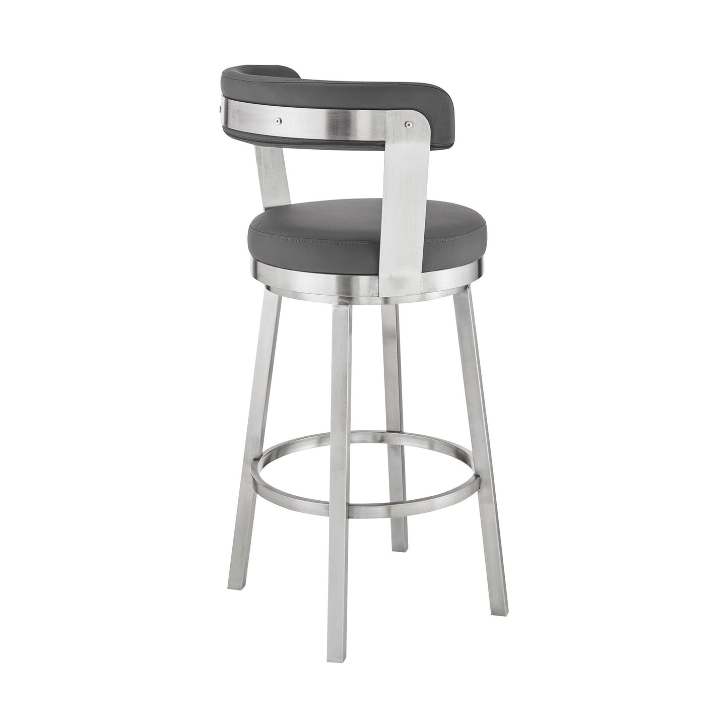 HomeRoots 30" Chic Grey Faux Leather with Stainless Steel Finish Swivel Bar Stool