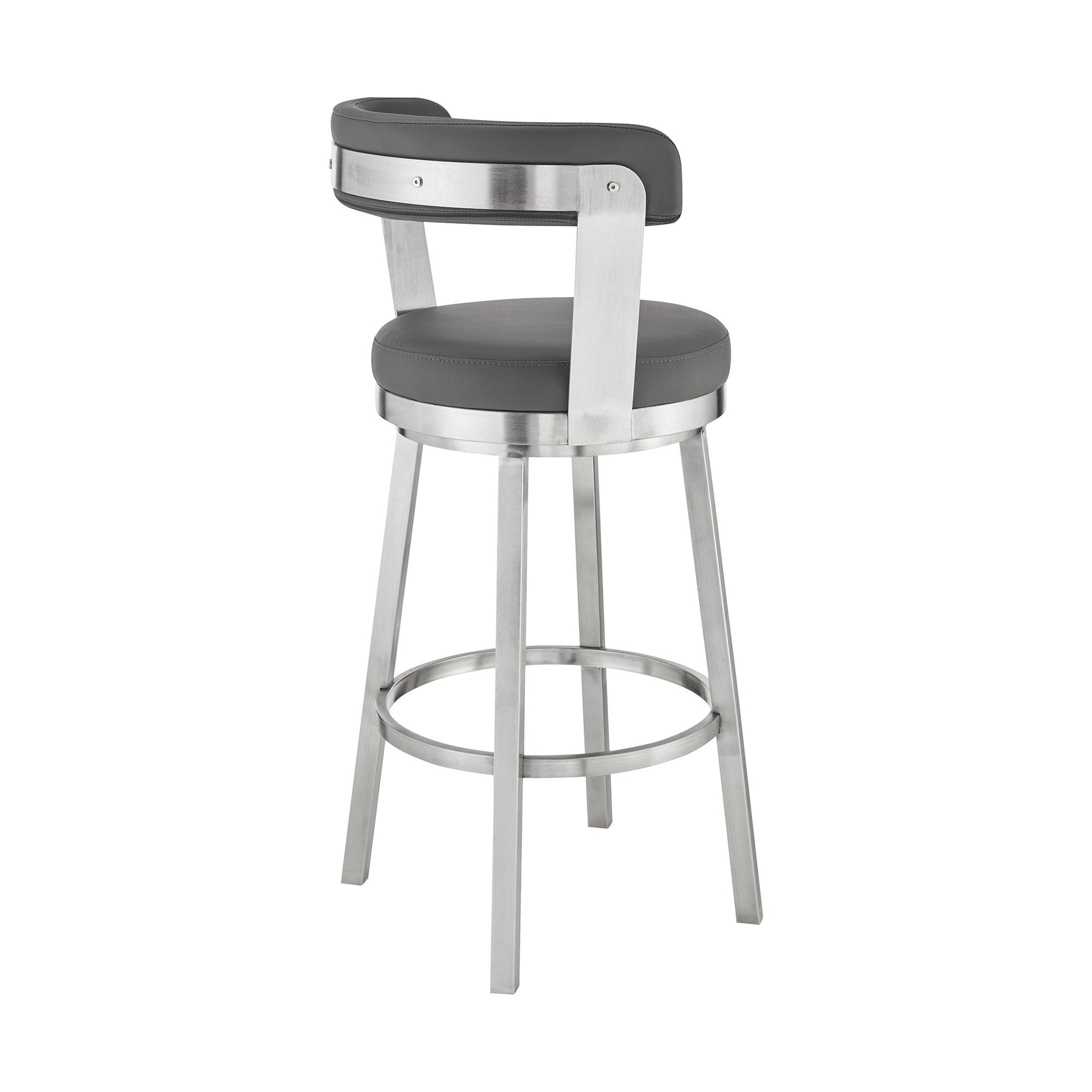 HomeRoots 30" Chic Grey Faux Leather with Stainless Steel Finish Swivel Bar Stool