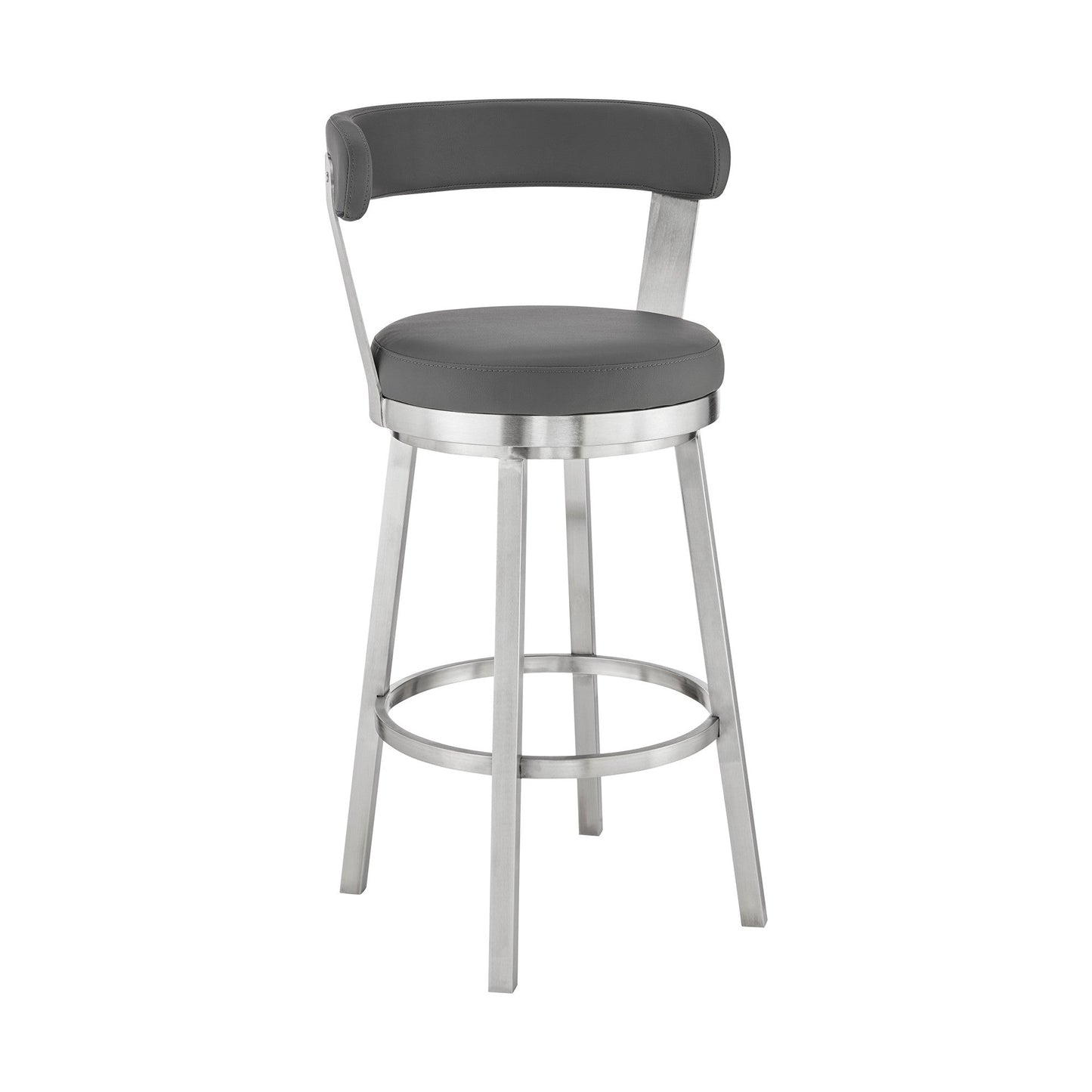 HomeRoots 30" Chic Grey Faux Leather with Stainless Steel Finish Swivel Bar Stool