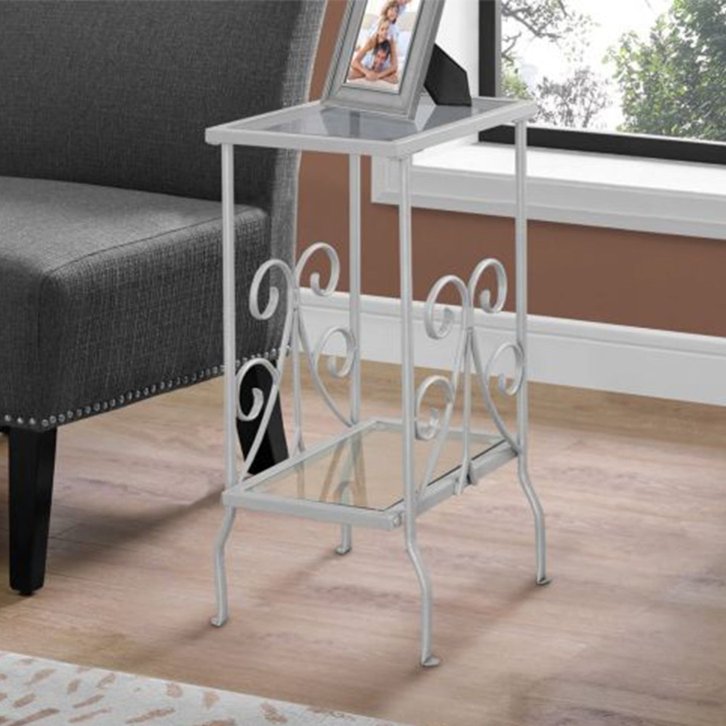 HomeRoots 30" Clear Glass End Table With Shelf in Silver Finish