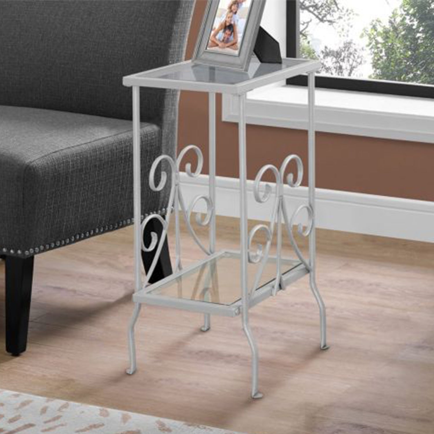 HomeRoots 30" Clear Glass End Table With Shelf in Silver Finish