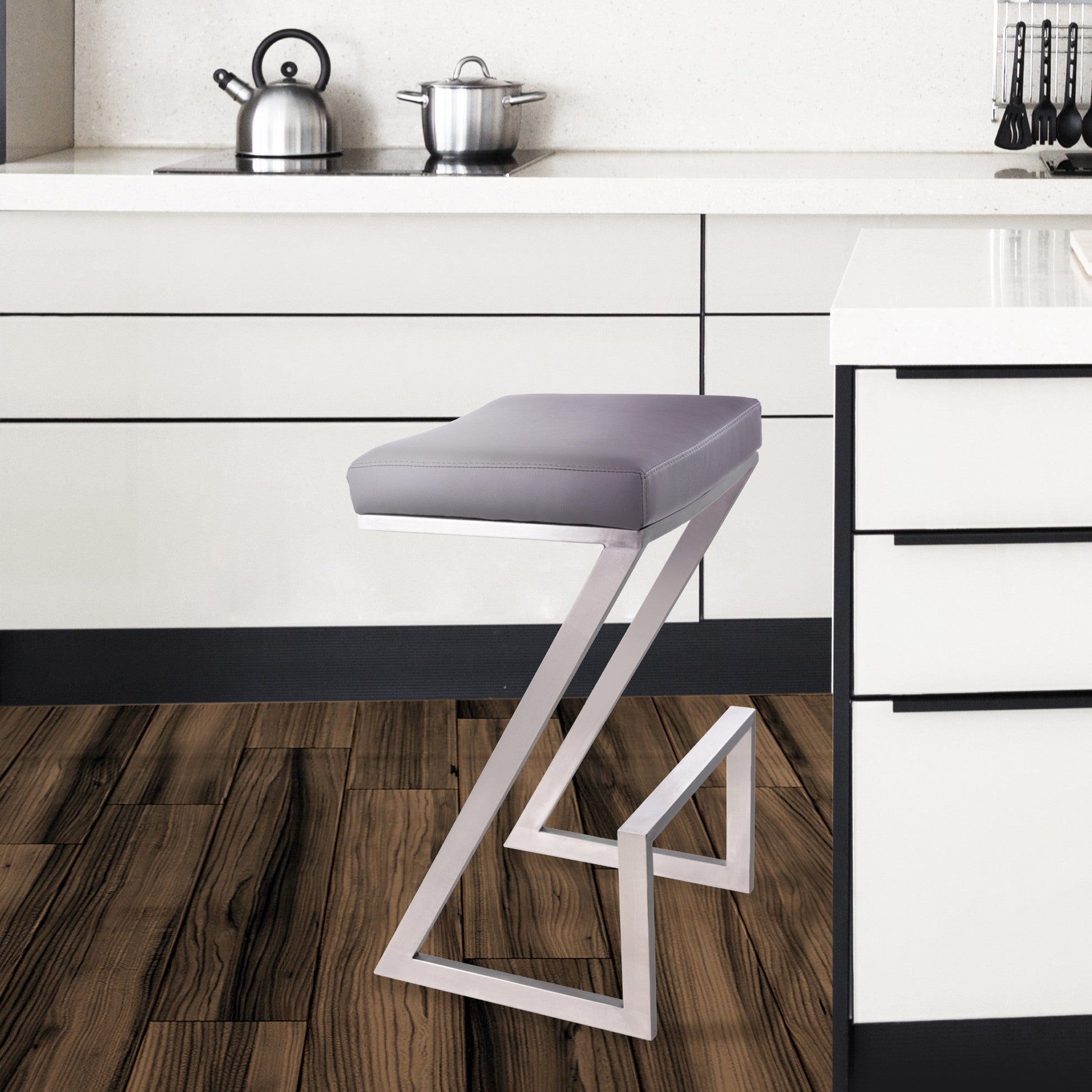 HomeRoots 30" ContempoGrey Faux Leather and Stainless Backless Bar Stool