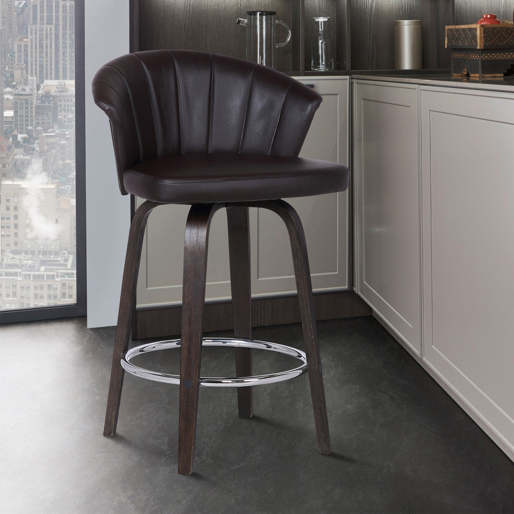 HomeRoots 30" Dark Brown Faux Leather and Rustic Wood Back Swivel Bar Stool